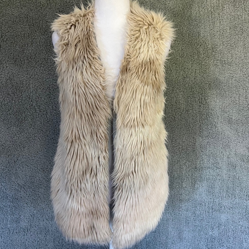 Dylan Faux Fur Vest Long Shaggy Cream Taupe Gray Boho Open Front Size S